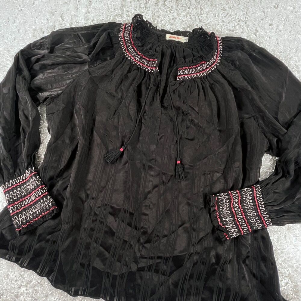 Johnny Was L Silk Zig Zag Embroidered Blouse Black Tassels Boho Peasant Top Luxe - Picture 2 of 14